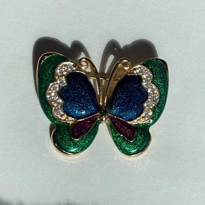 Cloisonné Enamel Butterfly Pin Brooch Green Blue Purple Gold Tone Embellishments